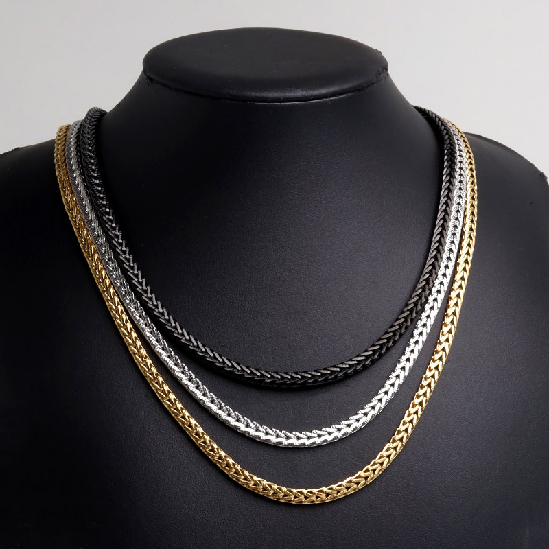 ステンレス 幅4mm フォックステールチェーンネックレス 3カラー メンズ ウィート 中折れ式 留め具 ブラック 腕輪 アクセサリー 角張ったデザイン 編み込み風 立体感 シャープ クール 大人 カジュアル モード 金属アレルギー対応