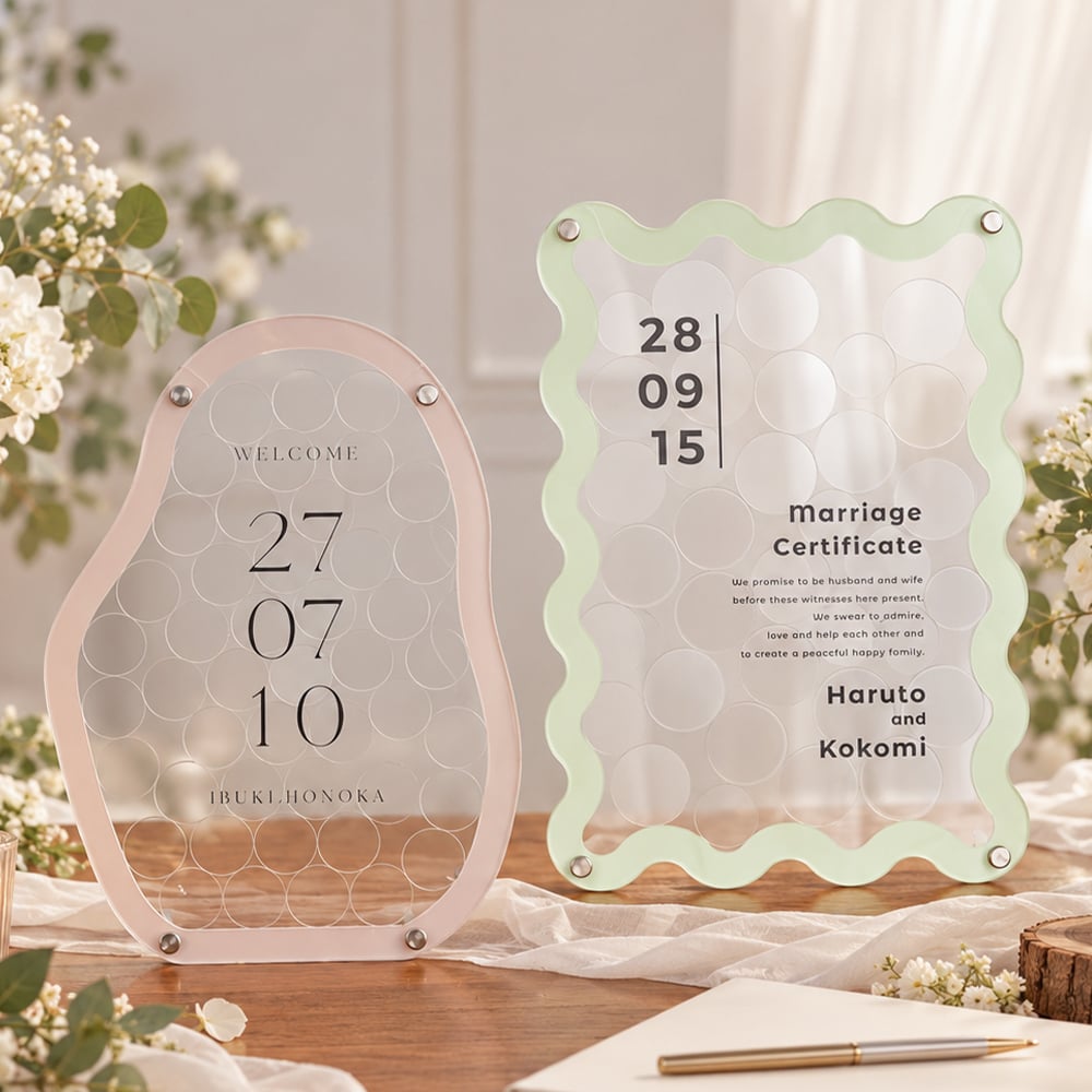 【結婚証明書】アクリル ウェディング ドロップス Wavy Kunette | 結婚式 バブル ウェルカムスペース ウェルカムボード 人前式 寄せ書き 芳名帳 おしゃれ ガラス かわいい ゲスト参加型 披露宴 名入れ 日付 シンプル メッセージ 30 40 50 60 70 100 115 受付演出  ナチュラル