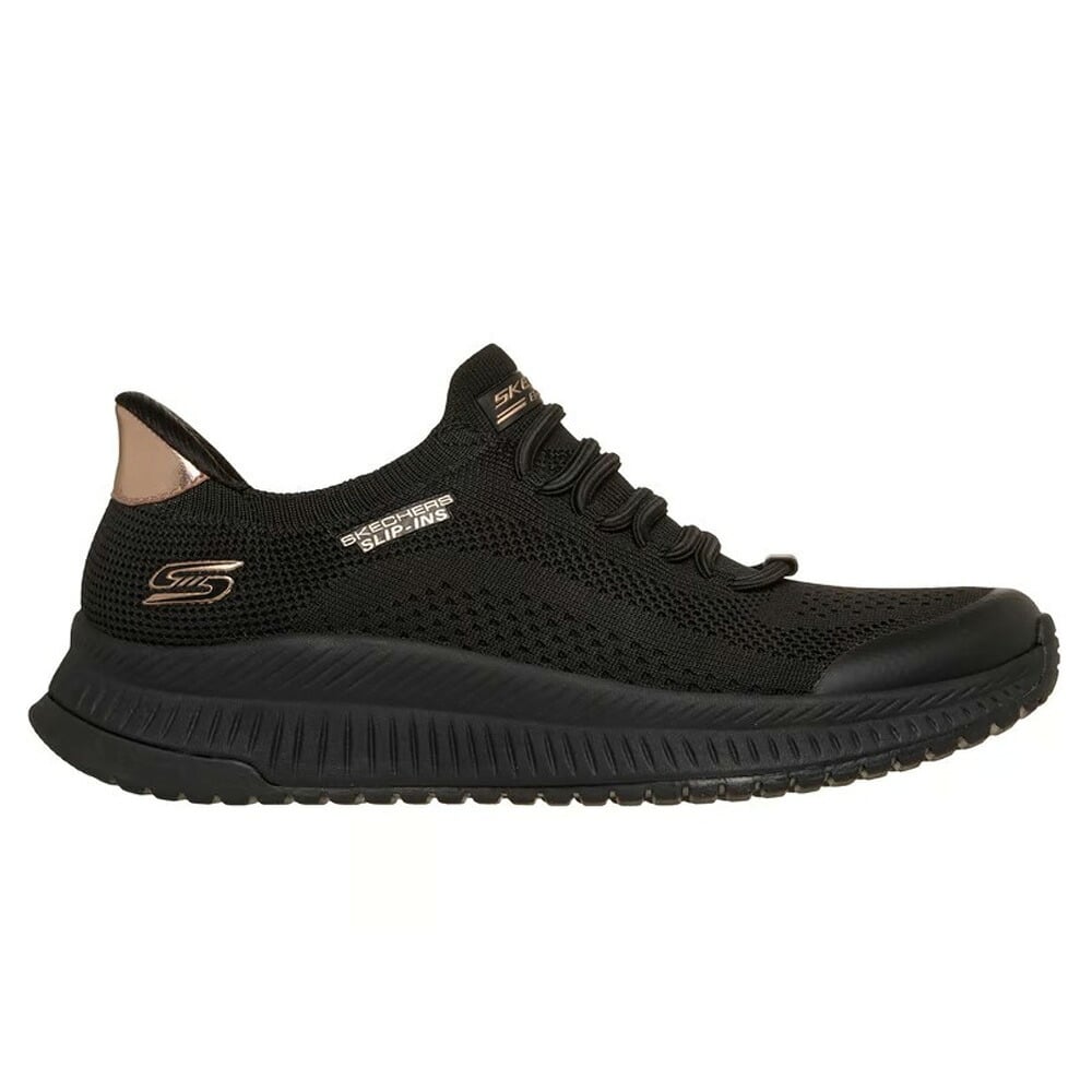 スケッチャーズ スリップインズ スリッポン スニーカー レディース 靴 ボブス ゴム紐 ノーマル幅 SKECHERS Slip-ins BOBS Squad 4 117743 ハンズフリー 立ったまま履ける 手を使わずに履ける ブラック 黒