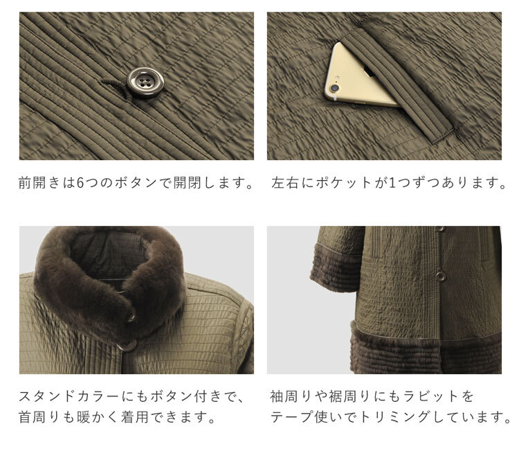 レディース スタンドカラー コート 内側 ファー レッキス 襟付き 軽量 ハーフコート 軽い 暖かい ラビットファー アウター 秋 冬 L カーキ 母 女性 リバーシブル ギフト プレゼント 7F (01000778r)