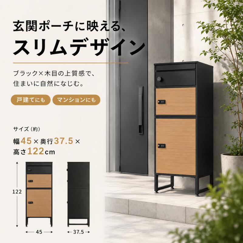 宅配ボックス ポスト一体型 2段 複数受取 3ボックス スリム 幅45cm 大容量 一戸建て用 置き型 宅配ポスト 郵便受け ダイヤル錠 鍵付き 印鑑ケース メッセージプレート 通気口 アジャスター ブラック 木目 おしゃれ