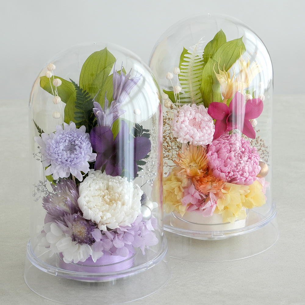 プリザーブドフラワー お供え花 クリアドーム 花あかり｜プリザーブドフラワー お供え花 仏花 クリアドーム 仏壇用 初盆 新盆 四十九日 一回忌 お手入れ簡単 水替え不要 ほこりが入りにくい お悔やみ お彼岸 即日発送 送料無料