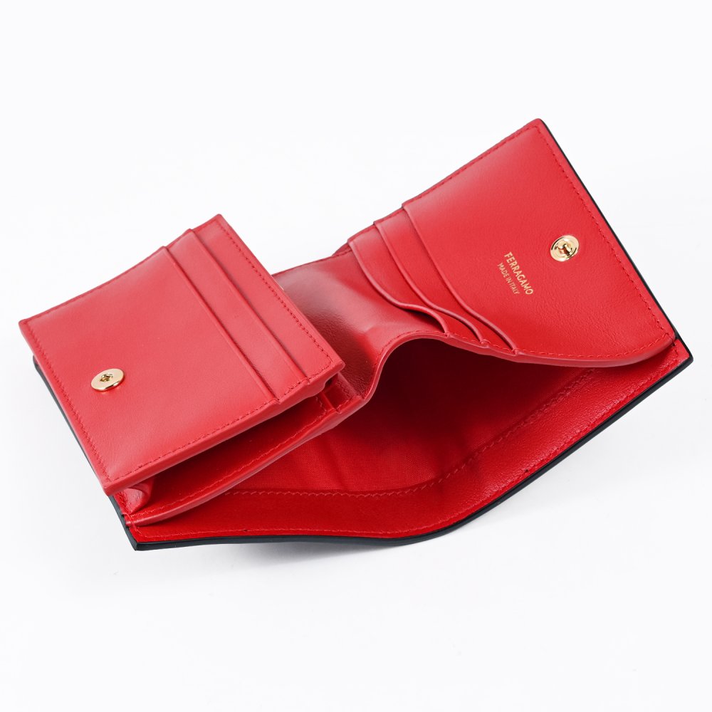 【名入れ無料】【スペシャルラッピング付き】フェラガモ Salvatore Ferragamo サルヴァトーレフェラガモ 二つ折り財布 小銭入れ付き ウォレット ダブル・ガンチーニ レディース ブラック レッド 220627 770769 001 0770769 折財布