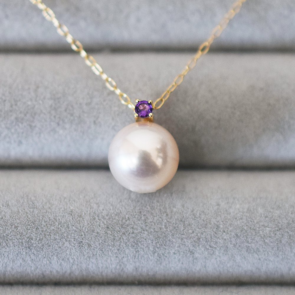 ［pearl598］8mm - 8.5mm ホワイトピンク ペンダント ネックレス 2月 誕生石 アメジスト あこや真珠