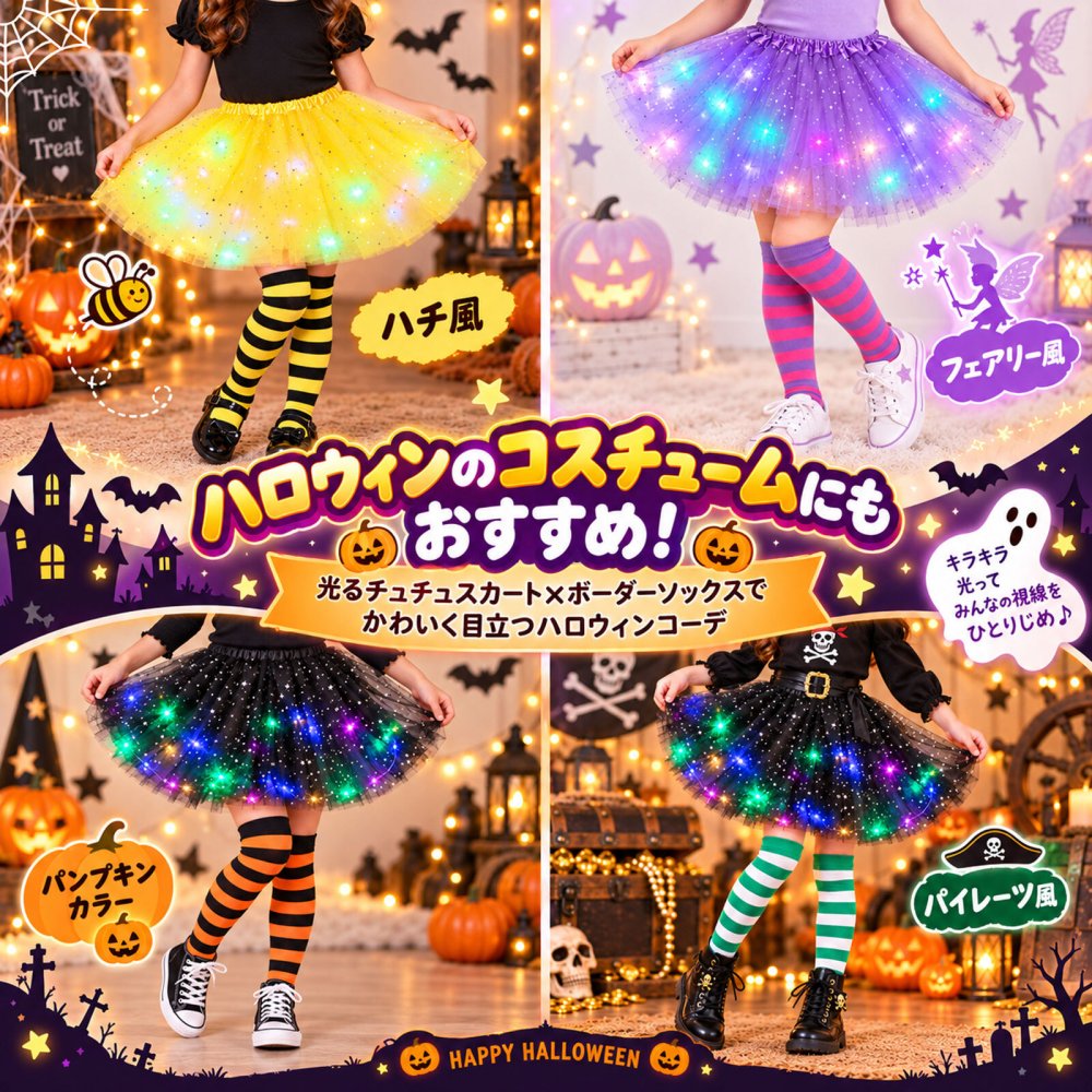 【再入荷＋新色追加】 光る★ LEDライト付き チュールスカート KIDS キッズ ハロウィン お祭り 夏 夏祭り 花火大会 迷子防止 衣装 仮装 コスプレ スカート チュチュ パニエ 子供 女の子 パーティー クリスマス ドレスアップ イベント 発表会 ダンス dance お揃い Halloween プレゼント ギフト