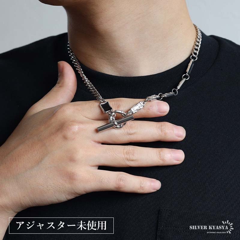 ステンレス マンテルネックレス 大きめ デザインネックレス メンズネックレス シルバー 喜平チェーン ブラックストーン アシンメトリー カスタム お洒落 原宿 韓流 男性 金属アレルギー対応