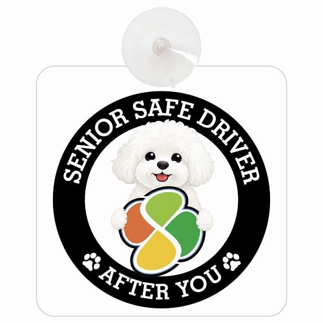 カーサイン 高齢者マーク SENIOR SAFE DRIVER ビションフリーゼ 車内用 吸盤タイプ 収れん火災防止タイプ 肉球 日本製 車 ステッカー