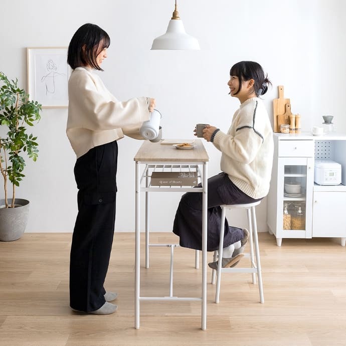 ダイニング家具 カウンターテーブル 2点セット ハイスツール2脚付き 幅100cm 奥行45cm 高さ90cm ダイニングテーブル バーテーブル カウンター 木目調 スチール脚 収納棚付き 省スペース 耐荷重設計 おしゃれ 北欧 モダン 一人暮らし