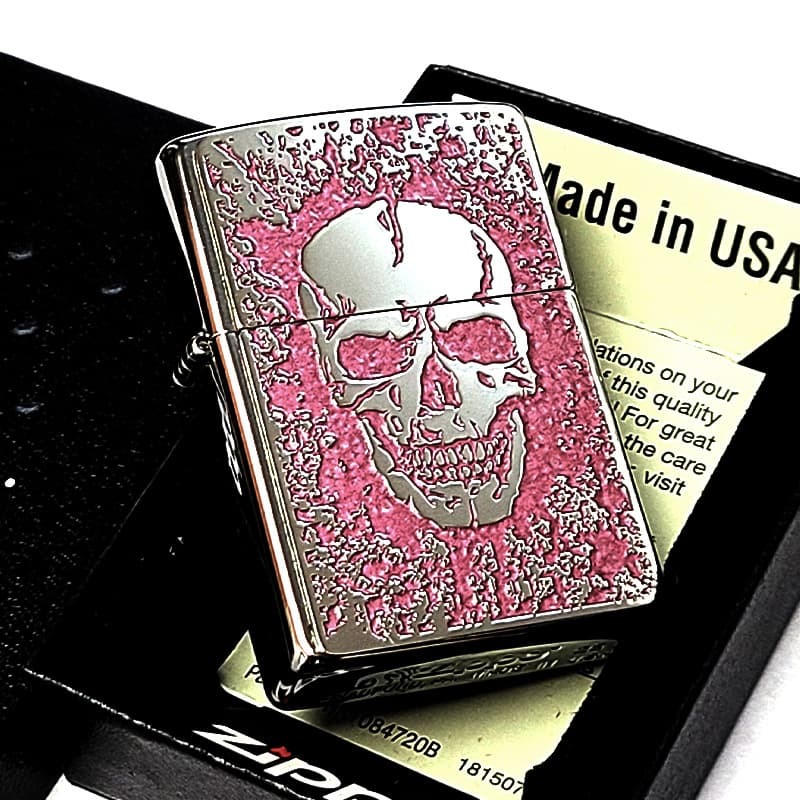 ZIPPO ライター スカル 細密メタル 両面加工 シルバー＆ピンク ジッポ ロゴ ドクロ 裏面柄違い 彫刻 ガイコツ おしゃれ かっこいい メンズ プレゼント ギフト