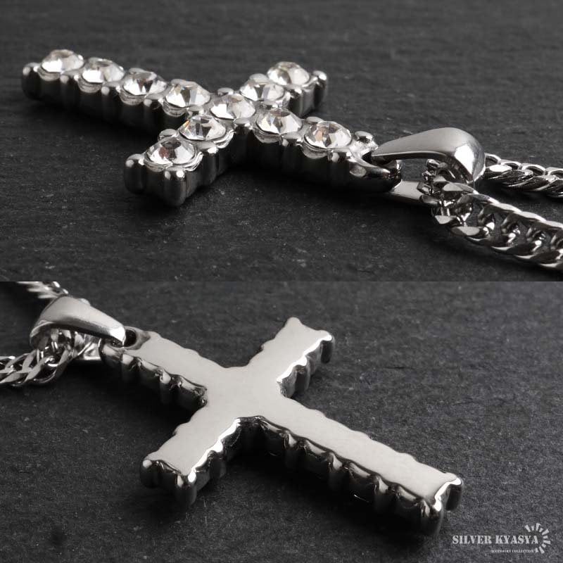 ステンレス クロスネックレス ストーンネックレス ペンダントネックレス ダブル喜平チェーン 6面カット 細身 シルバー 十字架 キラキラ メンズ 男性 金属アレルギー対応
