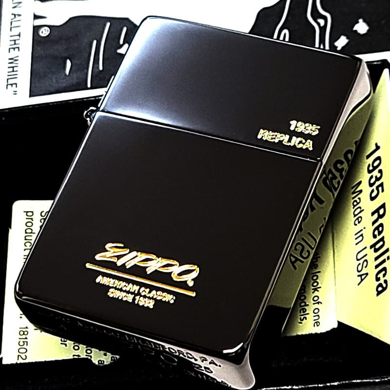 ZIPPO ライター 1935復刻 レプリカ ジッポ オールドロゴ ブラックニッケル 金差し 角型 外ヒンジ 3バレル シンプル 彫刻 黒 おしゃれ 高級 メンズ かっこいい プレゼント ギフト