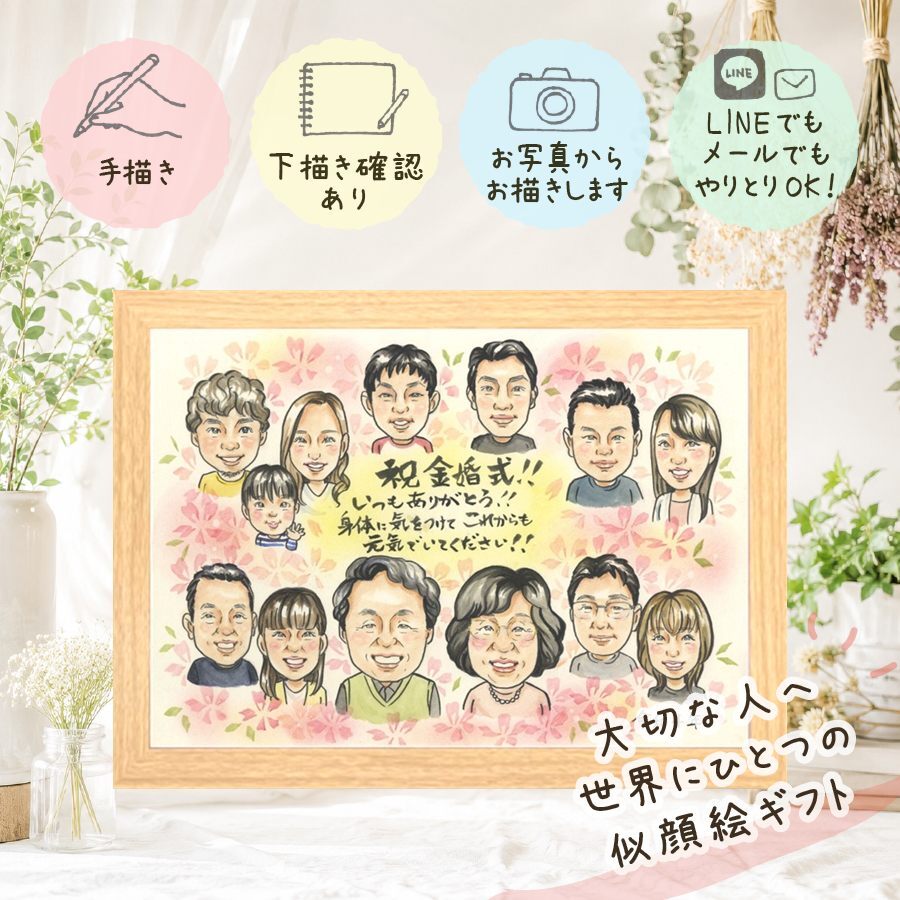 似顔絵 贈り物 金婚式 名入れ 手描き ギフト プレゼント 金婚式 結婚50周年 結婚記念日 お祝い 記念日 大人数 祖父母 お父さん 夫婦 家族 両親 お母さん 下書き確認 名入れ 修正無料 親孝行 喜ばれる 似てる 一生もの 50周年 感謝 思い出 長寿 引っ越し オーダーメイド メモリアル カラフル 快気祝い お祝いの品 感激 オリジナル キレイ 同窓会