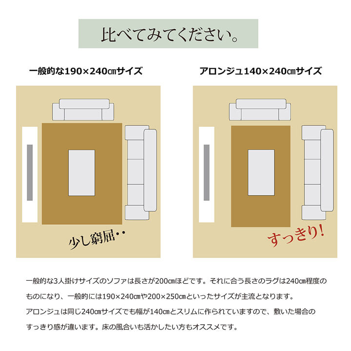 ラグ カーペット 3畳 『アロンジュ』 約140×340cm 裏:すべりにくい加工 （ホット 対応）