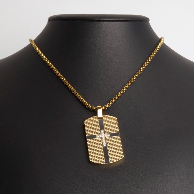 ステンレス ドッグタグネックレス ゴールド クロス メンズ ペンダント 十字架 ストーン プレート タグネックレス 男性用 アクセサリー 金色 バイカラー 格子柄 重厚感 存在感 カジュアル ストリート ヒップホップ 装飾