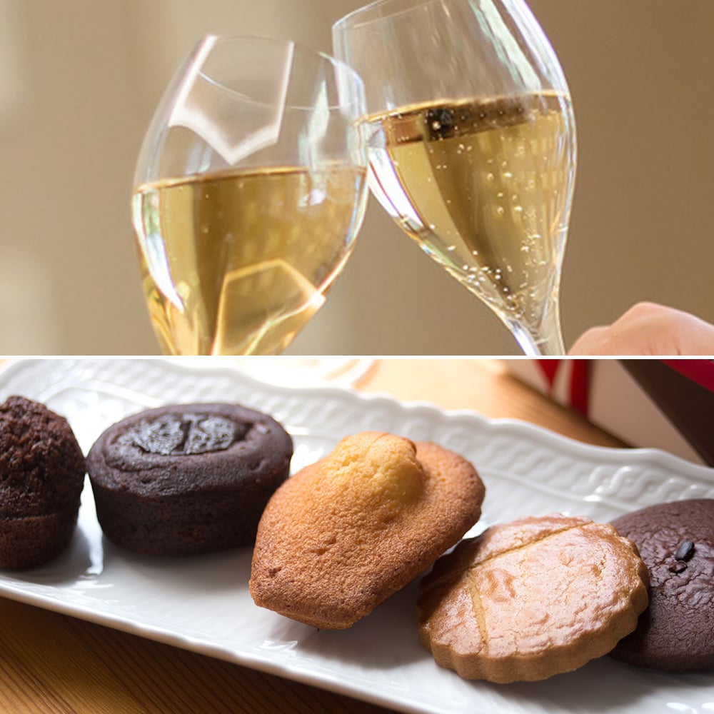 お酒 ワイン 焼き菓子 スイーツギフト【無料 リボンラッピング メッセージカード】スパークリングワイン 泡 フランス やや甘口 375ml ハーフボトル 焼菓子 マドレーヌ 5個 詰め合わせ 東京 LES CACAOS ギフト箱付 おしゃれ 誕生日 内祝い お返し お祝い 送料無料