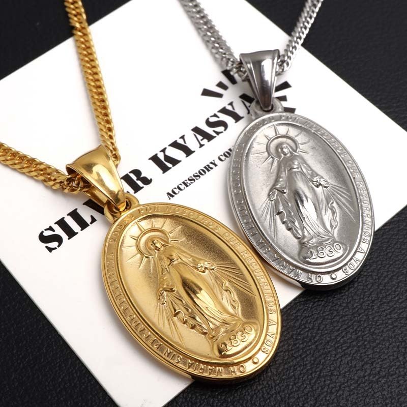 ステンレス マリアネックレス コインネックレス ペンダントネックレス メンズネックレス ゴールド 18KGP シルバー ダブル喜平 長さ3サイズ 不思議のメダイ 聖母 男性 金属アレルギー対応