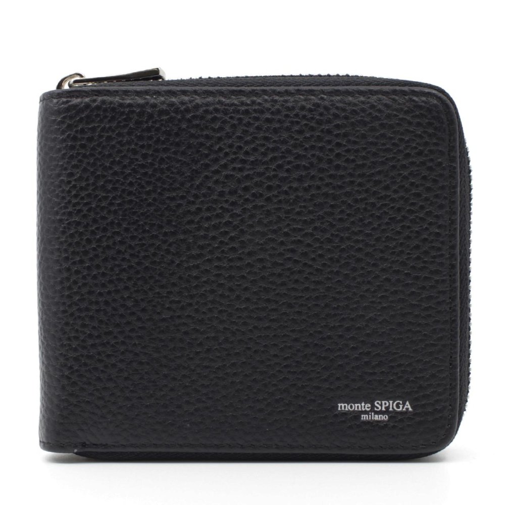 モンテスピガ　monte SPIGA　ラウンドファスナー 二つ折り財布　MOSMSP701BK　ブラック　黒　シュリンクレザー　牛革　ジップアラウンド ウォレット