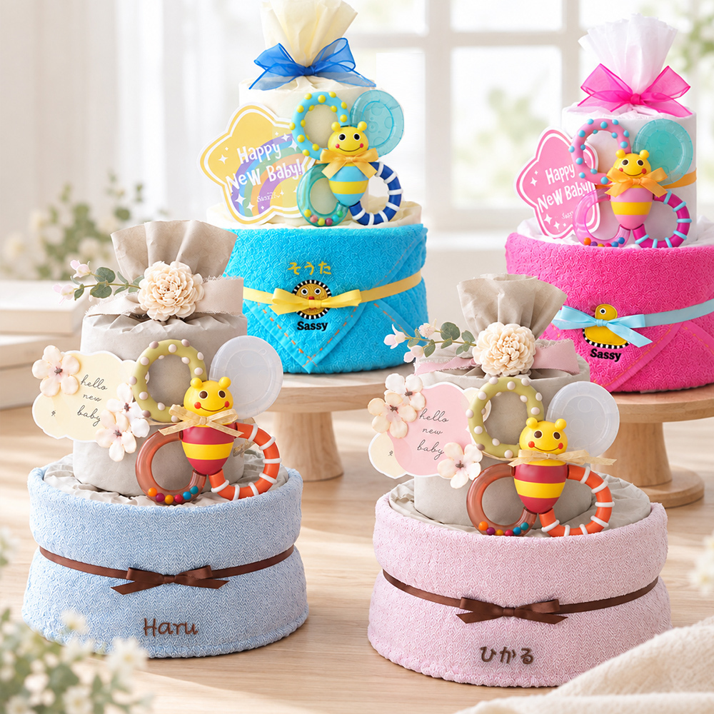 Sassy baby カミカミみつばちタオルおむつケーキ | 出産祝い ベビーシャワー sassy タオル 赤ちゃん 男の子 女の子 かわいい プレゼント ギフト 贈り物 カミカミみつばち