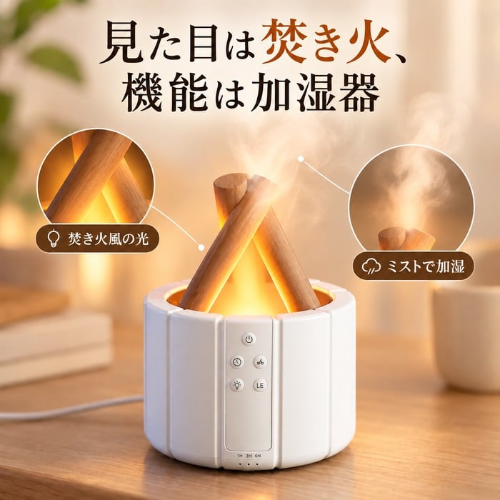 焚き火 加湿器 卓上 上部給水 超音波式 USB給電 アロマ対応 アロマディフューザー 空焚き防止機能 LED LEDライト おしゃれ 炎 ゆらめき タイマー機能 小型 寝室 ベッドサイド