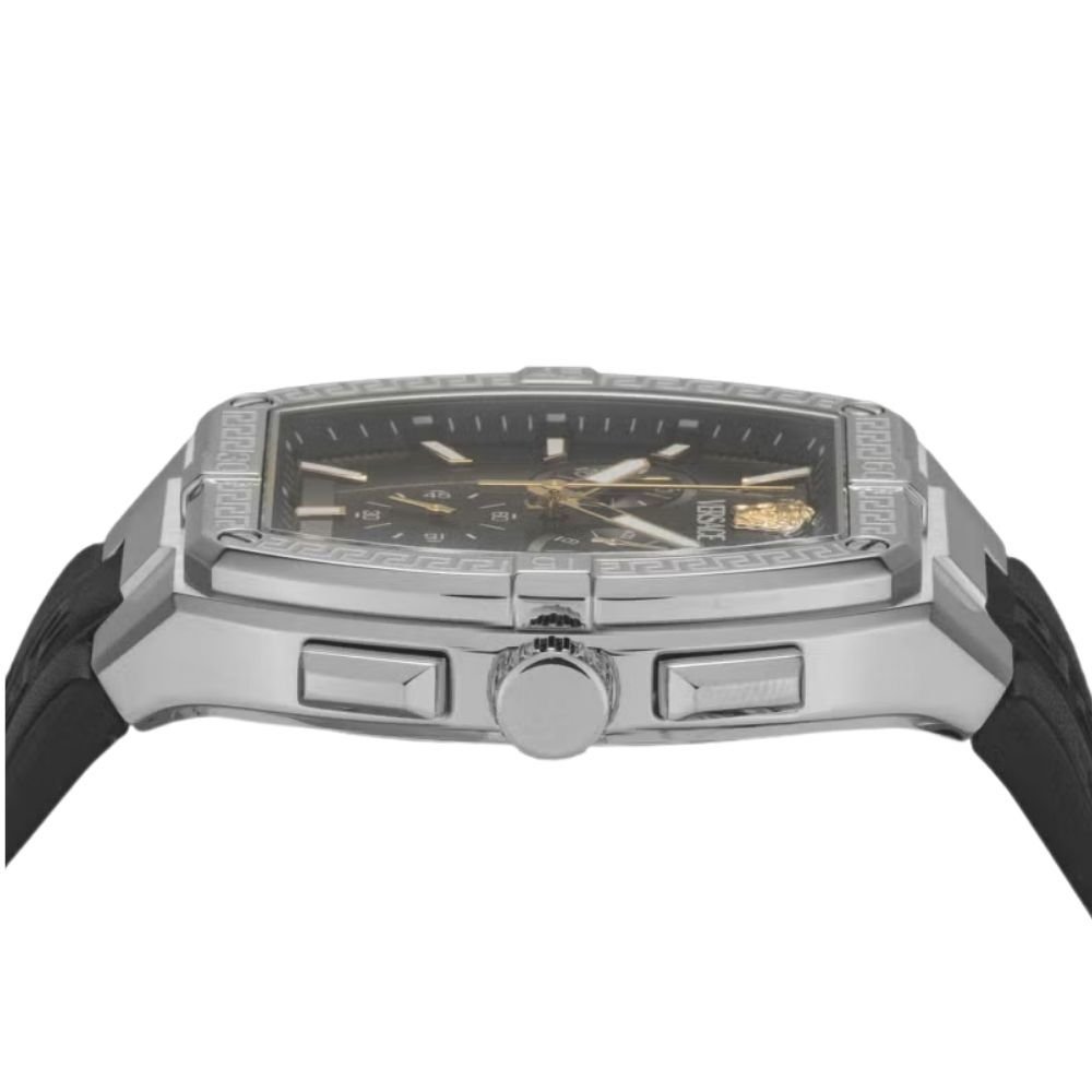 ヴェルサーチェ 腕時計 メンズ ブラック シルバー ゴールド クロノグラフ 44mm VERSACE SPORTY TONNEAU GRECA スポーティ トノー グレカ 黒 レザー 革ベルト スイス製 高級 ブランド プレゼント ギフト 卒業 入学 お祝い