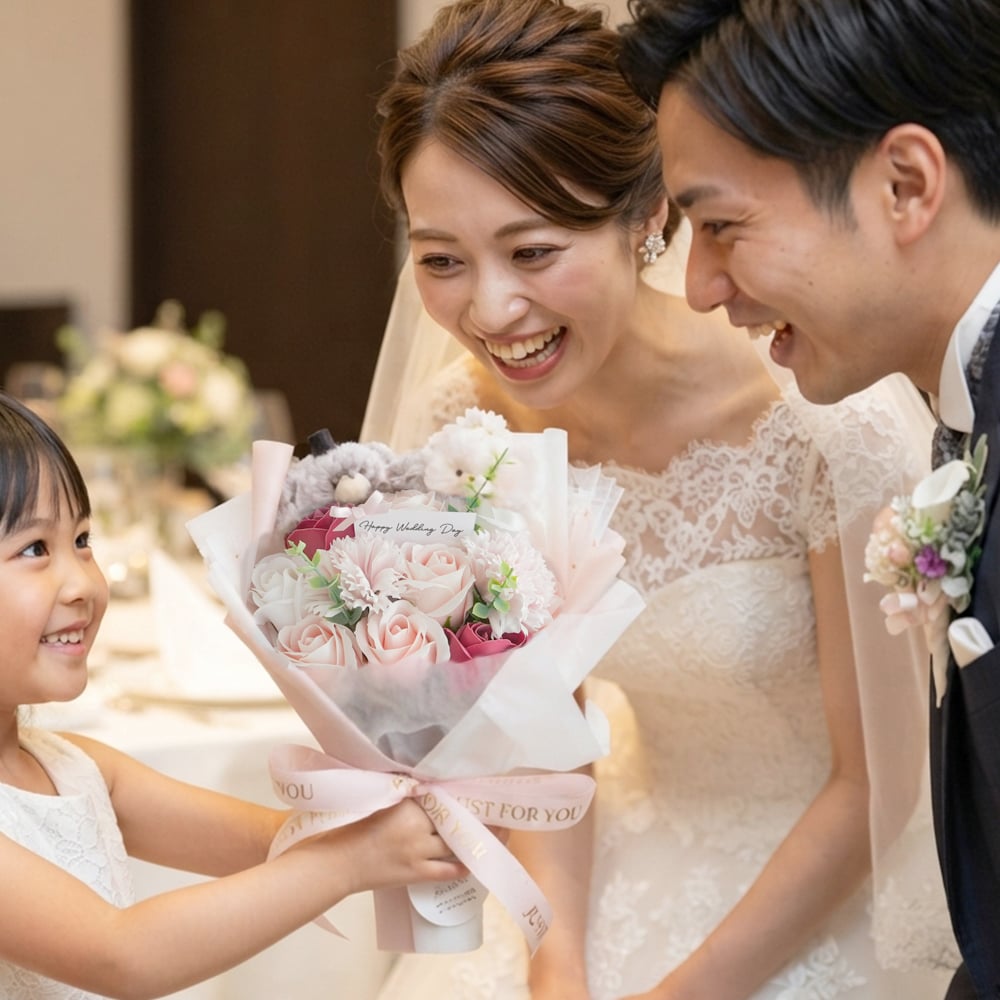 【結婚式 電報 ギフト】tino ウェディングベア ラブリー ソープフラワーブーケ|結婚式 結婚祝い 結婚記念日 ブライダル 祝電 電報 ギフト プレゼント ウェルカムスペース ドール ぬいぐるみ ブーケ