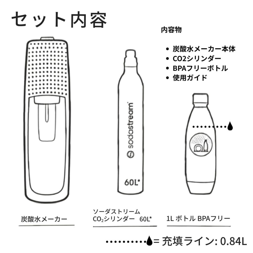 ソーダストリーム スピリット スターターキット 1Lボトル付き カラー: ブラック／ ホワイト  炭酸水メーカー 炭酸水 製造機 強炭酸 微炭酸 追い炭酸 手動 電源不要 エコ sodastream spirit 自宅 お酒 炭酸割り