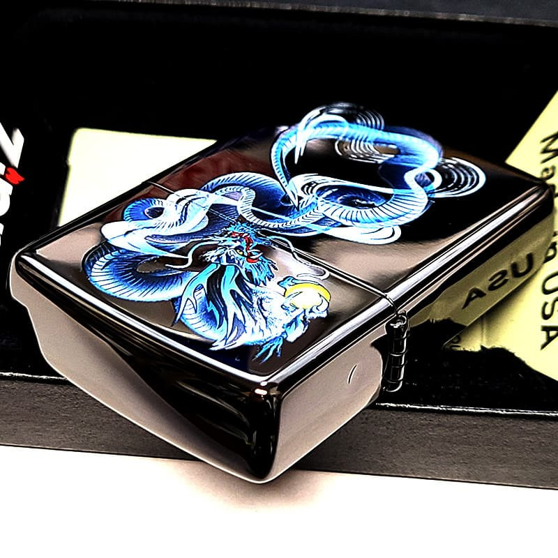 ZIPPO 青龍 ブルー ドラゴン 和柄 ジッポ ライター ブラックニッケル 黒 和風 かっこいい 竜 お守り おしゃれ メンズ ギフト プレゼント