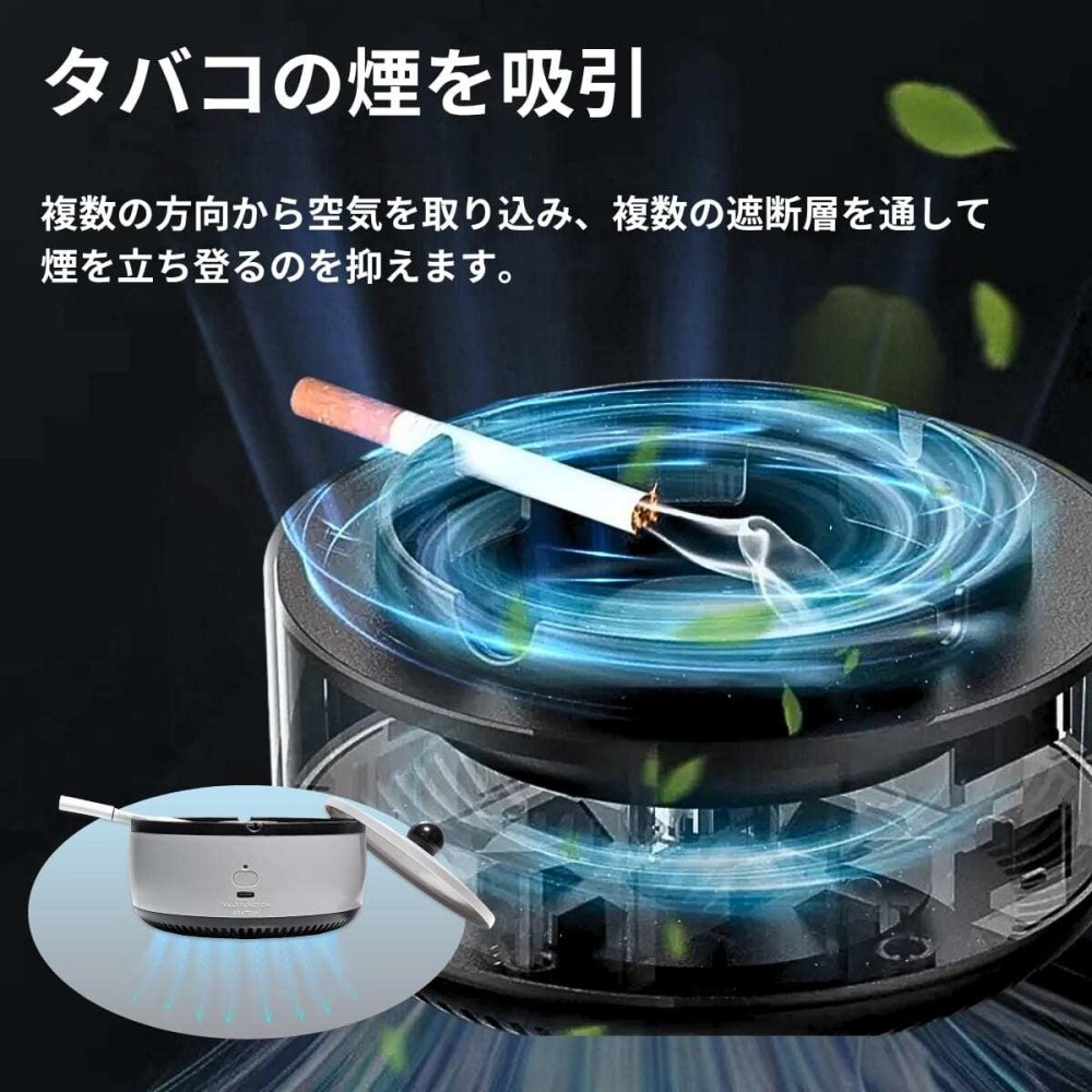 多機能灰皿 自動消火 灰皿 充電式 フィルター付き 芳香剤対応 蓋付き 分煙 喫煙具 室内 デスク ニオイ対策 煙 吸引 コンパクト グレー 面白ギフト 忘れ防止 日本語説明書 ※数量選べます