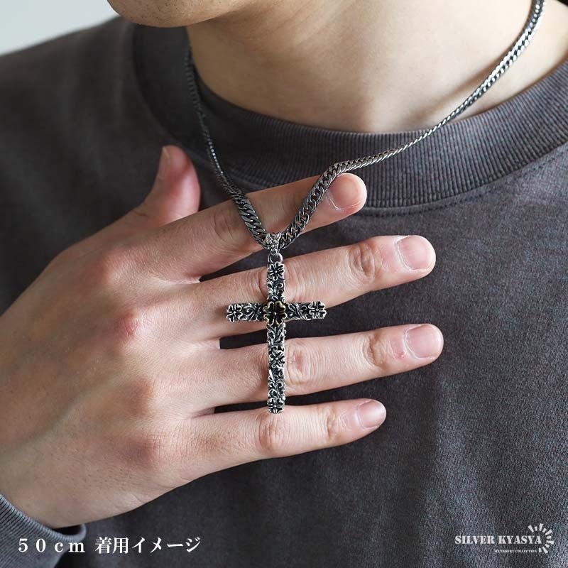 シルバー925 クロスネックレス フラワーネックレス アンティーク ペンダントネックレス ダブル喜平 6面カット 50cm 60cm シルバー 燻し ブラック 十字架 花 個性的 金剛杵 メンズ 男性 金属アレルギー対応