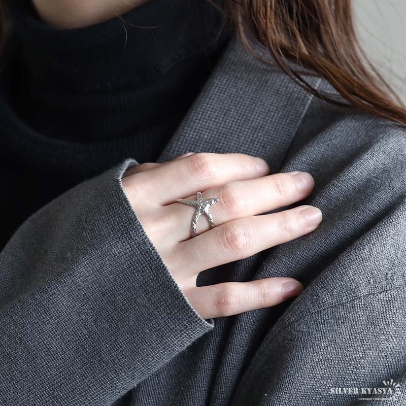 ステンレス ヒトデリング スターリング 海星 槌目模様 ゴールド 18K GP シルバー フリーサイズ レディース 女性 指輪 金属アレルギー対応