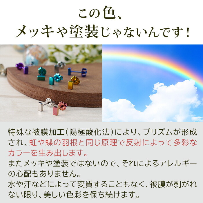 セカンドピアス チタン つけっぱなし 純チタン 長方形 四角 スクエア 金属アレルギー 日本製 ポスト 軸太0.75mm 長さ10mm 全8色 全品1個ずつバラ売り 医療用 おすすめ かわいい シンプル 小さめ ミニ 極小 人気 プレゼント