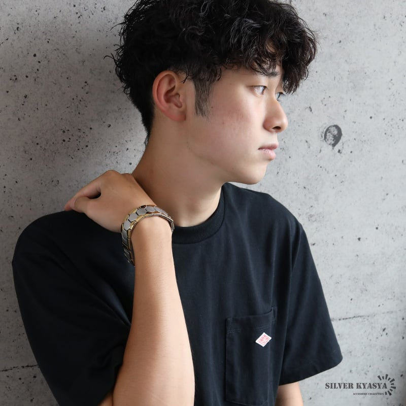ステンレス 磁気ブレスレット 幅18mm メンズ ワイド 六角形 幾何学デザイン バイカラー ボリューム 太め 存在感 大人 カジュアル きれいめ ストリート モード 男性 手元 アクセサリー ファッション 金属アレルギー対応