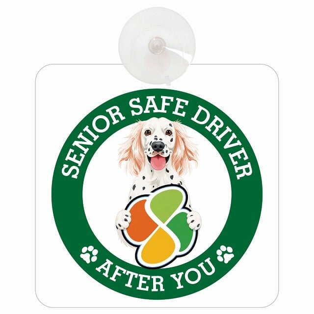 カーサイン 高齢者マーク SENIOR SAFE DRIVER イングリッシュセター 車内用 吸盤タイプ 収れん火災防止タイプ 肉球 日本製 車 ステッカー