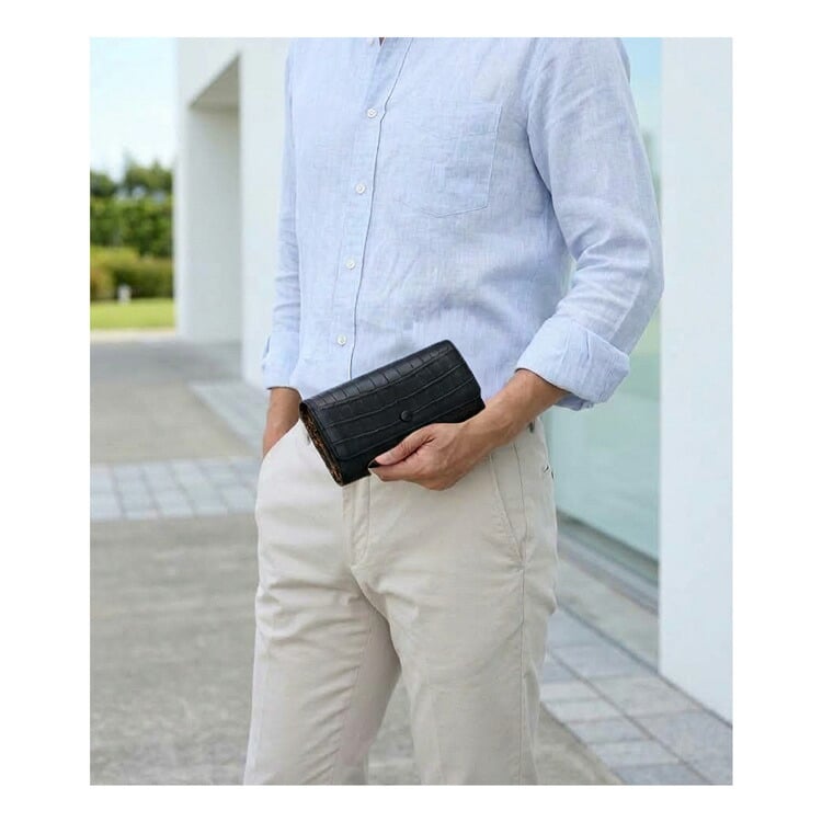 ショルダーバッグ 肩掛け財布 クラッチバッグ ショルダーウォレット 長財布 3way クロコダイル 本革 お財布 財布バッグ 長財布 斜め掛け 肩掛け  メンズ ブラック ボタニカル柄 アンティーク柄 上品 個性的 高級感 上質感 4FA (06001983-mens-1r)