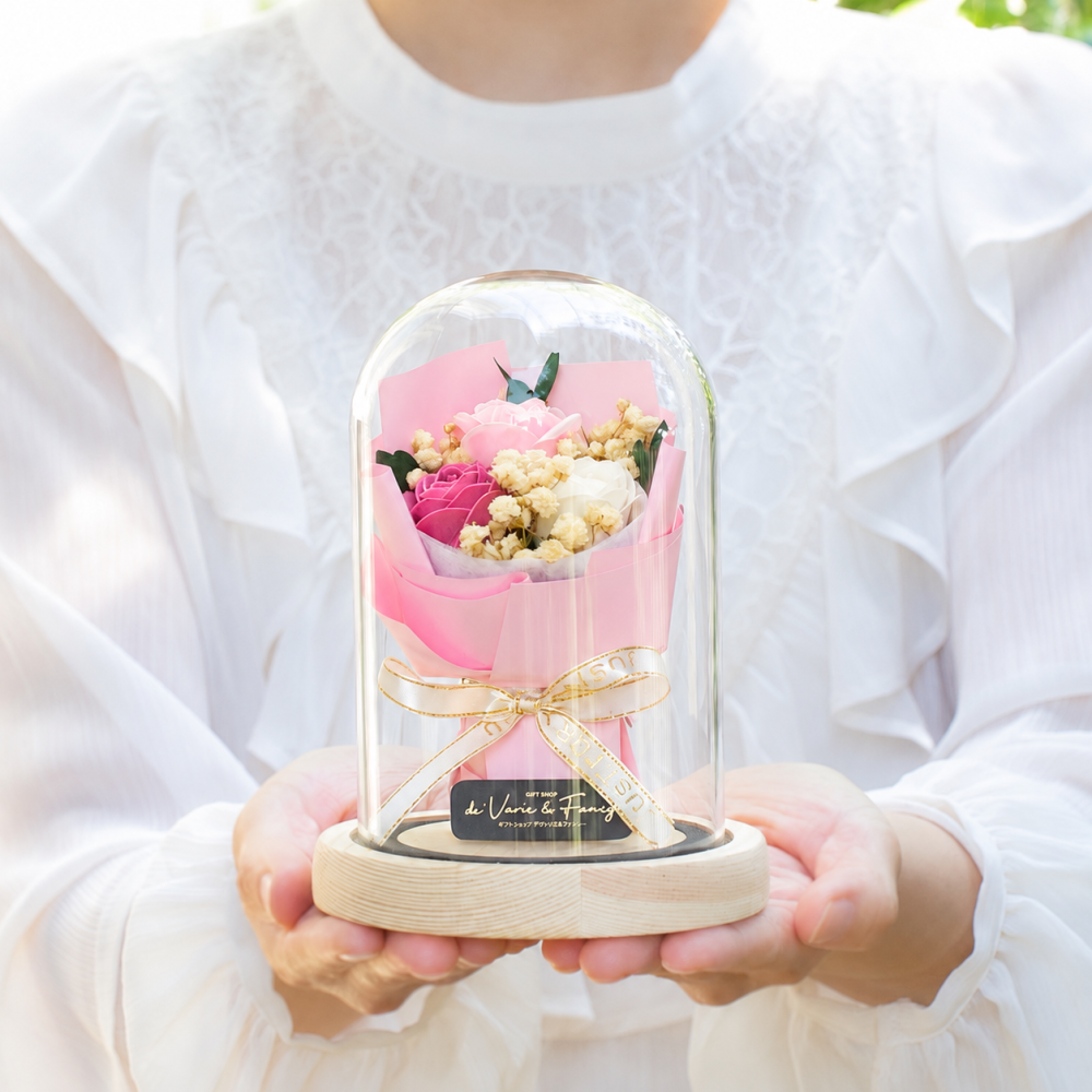 デバリエ hi-01 ソープフラワー フラワードーム 薔薇 花束 天然木 ガラス 誕生日プレゼント 女性 花 彼女 クリスマスプレゼント ホワイトデーお返し 結婚 記念日 お見舞い 贈り物 デバリエオリジナル