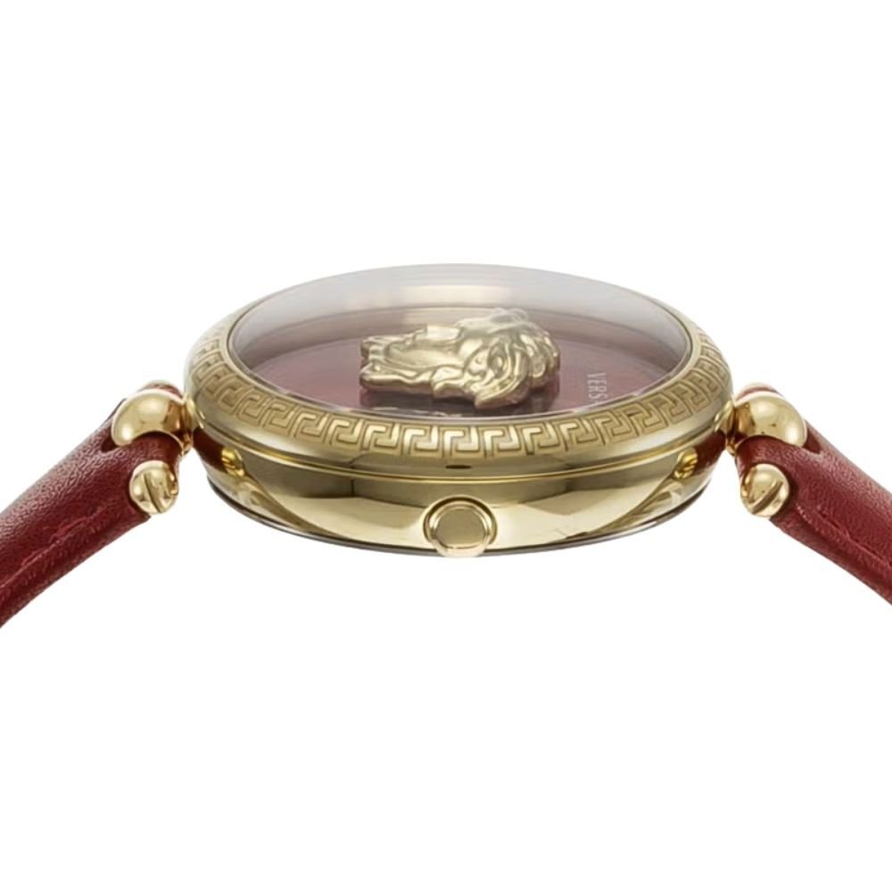 ヴェルサーチェ 腕時計 レディース レッド ゴールド 34mm VERSACE PALAZZO EMPIRE パラッツォ エンパイア 立体 メデューサ 赤 レザー 革ベルト スイス製 高級 ブランド おしゃれ プレゼント ギフト 卒業 入学 お祝い