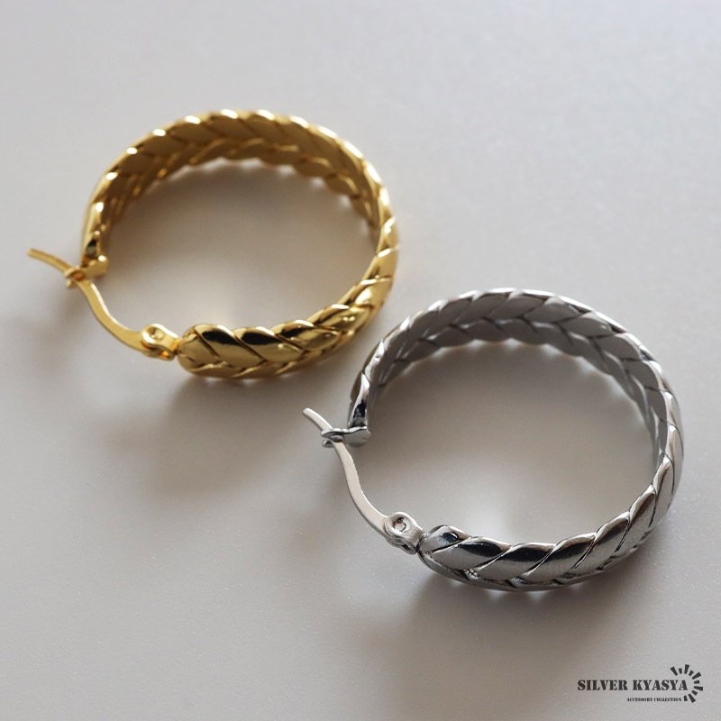 ステンレス 編み込みピアス 大ぶりピアス フープピアス ゴールド シルバー プチプラ 大きめ 存在感 メタル サークル リーフ 月桂冠 フィッシュボーン 両耳2点 レディース 女性 金属アレルギー対応 イヤリング