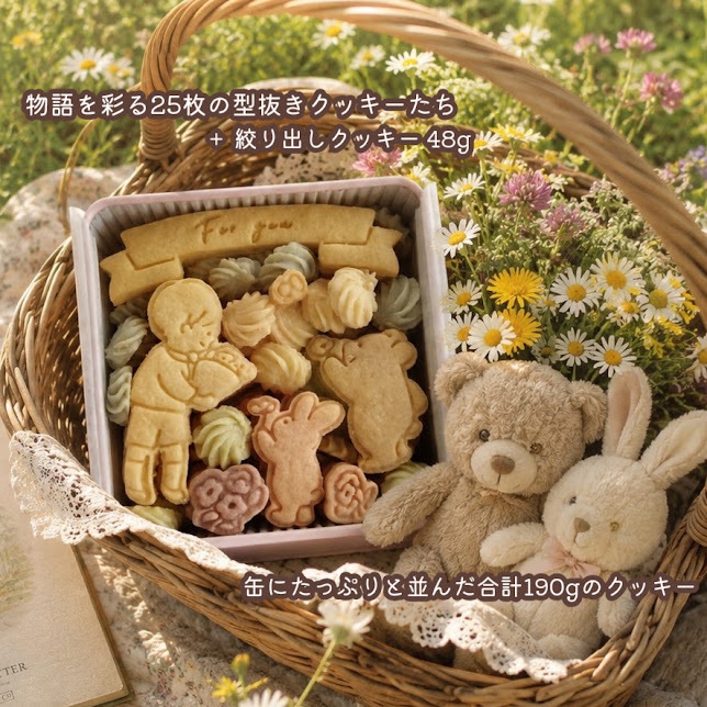クッキー缶/きみと季節のとなりに「花束」(クッキー クッキー缶 メッセージ 洋菓子 お菓子 スイーツ 焼き菓子 誕生日 記念日 お祝い 内祝い 結婚 出産 送別 入学 卒業 バースデー プレゼント ギフト 贈り物 手土産 かわいい 可愛い おしゃれ 動物 バレンタイン ホワイトデー 門出 くま うさぎ 詰め合わせ 退職 引っ越し 母の日 友達 孫 子供 女性 彼女 妻 母 娘 甥っ子 姪っ子) 