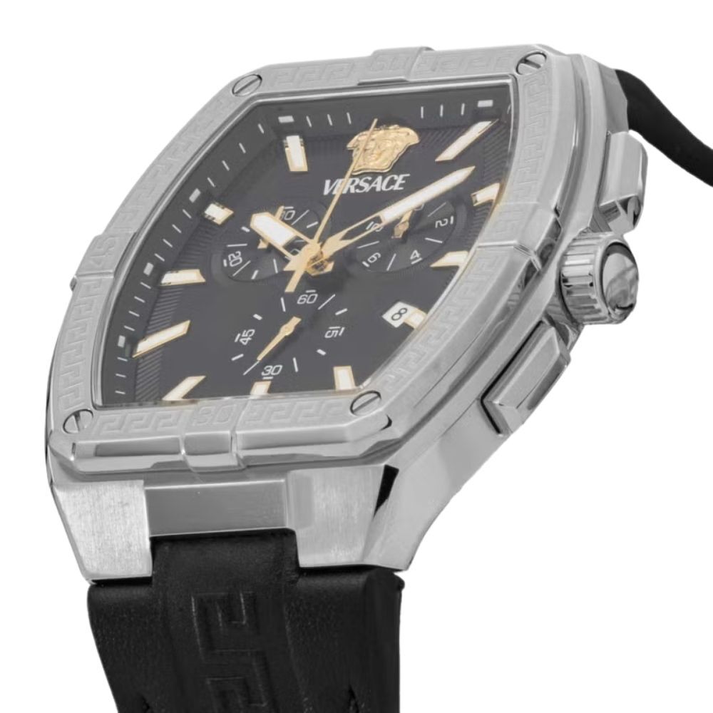 ヴェルサーチェ 腕時計 メンズ ブラック シルバー ゴールド クロノグラフ 44mm VERSACE SPORTY TONNEAU GRECA スポーティ トノー グレカ 黒 レザー 革ベルト スイス製 高級 ブランド プレゼント ギフト 卒業 入学 お祝い