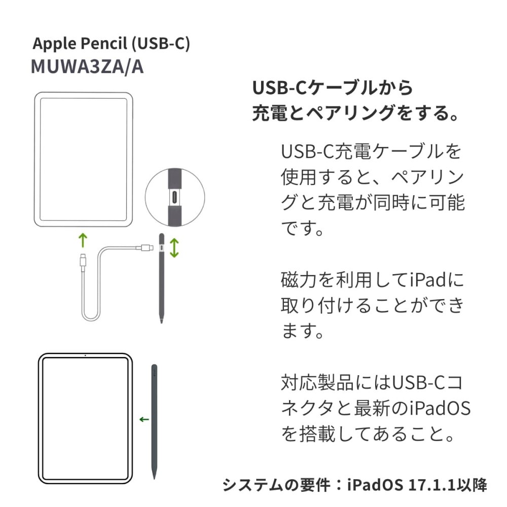 Apple Pencil 純正アップルペンシル applepencil (usb-C) iPad ペン 国内正規品 本体 MUWA3ZA/A  JAN:4549995454017 OS システム条件:17.1.1以降以降  タッチペン #57319