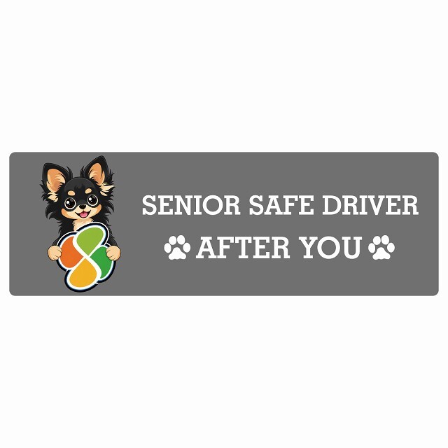 カーサイン 高齢者マーク SENIOR SAFE DRIVER ロングコートチワワ ステッカー シール 長方形 15x5cm 肉球 日本製 車
