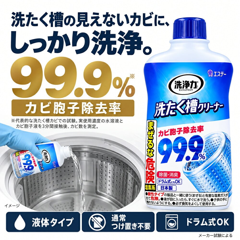 3個セット カビ胞子除去率99.9％ 洗たく槽クリーナー 550g 洗濯槽クリーナー 液体タイプ 日本製 ドラム式 縦型 黒カビ 除菌 消臭 生乾き臭 生乾き 入れるだけ ステンレス槽 プラスチック槽