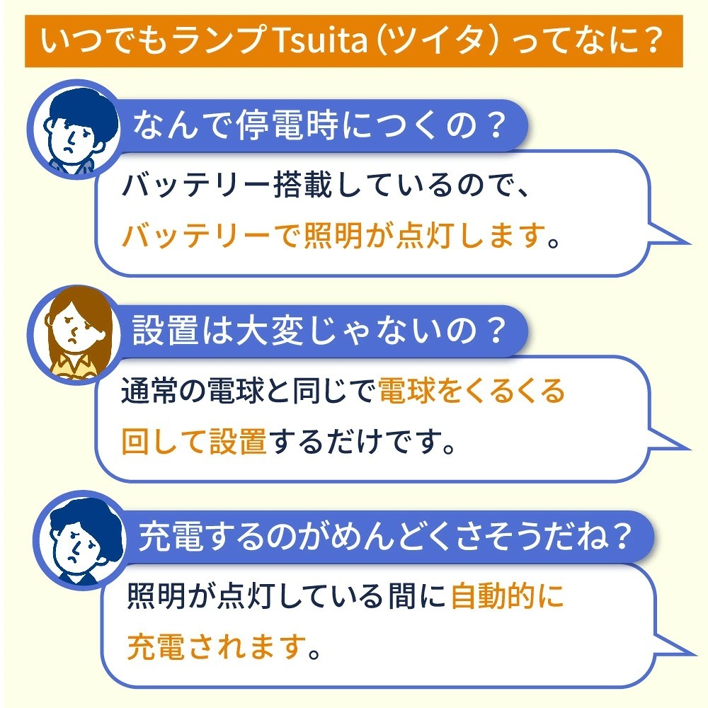 停電でも消えない電球 いつでもランプ tsuita ツイタ 2個セッ ト LED電球 50W相当 E26 昼白色 電球色 停電時 自動点灯 蓄電式 内蔵バッテリー 非常灯 防災ライト 防災電球 地震 災害 停電対策 避難用品 防災グッズ 備蓄 家庭用 実用的 プレゼント