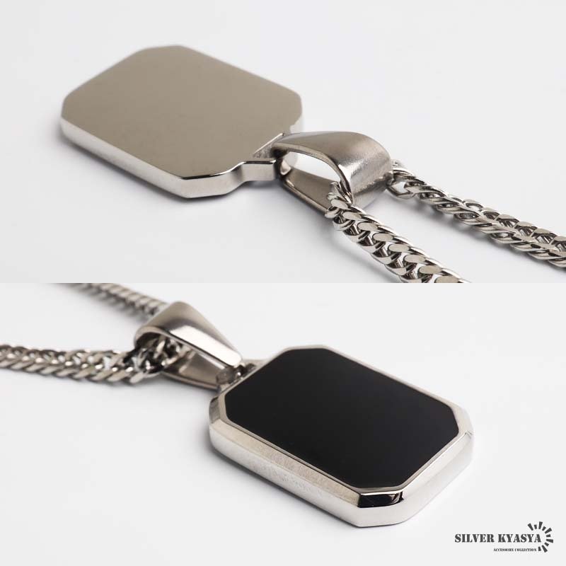 ステンレス ブラック ストーンネックレス ペンダントネックレス 小ぶり シンプル ダブル喜平チェーン 細身 シルバー メタル 小さい プレート 四角 長方形 幾何学 メンズ 男性 金属アレルギー対応