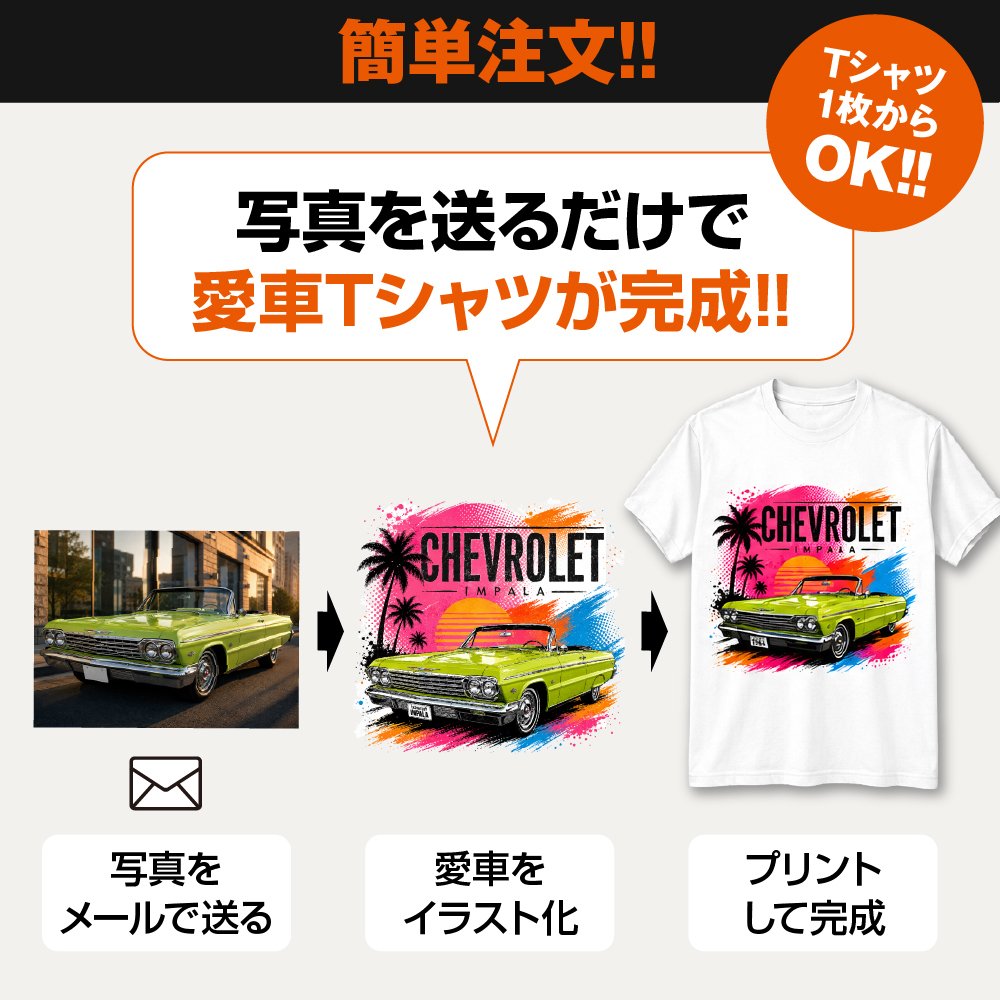 愛車Tシャツ オリジナルTシャツ オーダーメイド 写真から作る 車 バイク 名入れ プレゼント ギフト メンズ 日本製 ブランド おしゃれ 納車祝い 