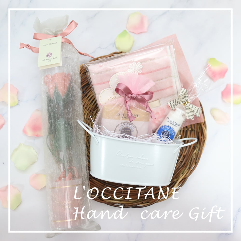 ロクシタン ハンドクリーム 誕生日 プレゼント 女性 入学 就職 退職 お祝い シア ローズ 合格 ロクシタン ハンドクリーム 30ｍL + ハンドタオル + 石鹸 + ソープフラワー 4点セット 喜ばれるギフト