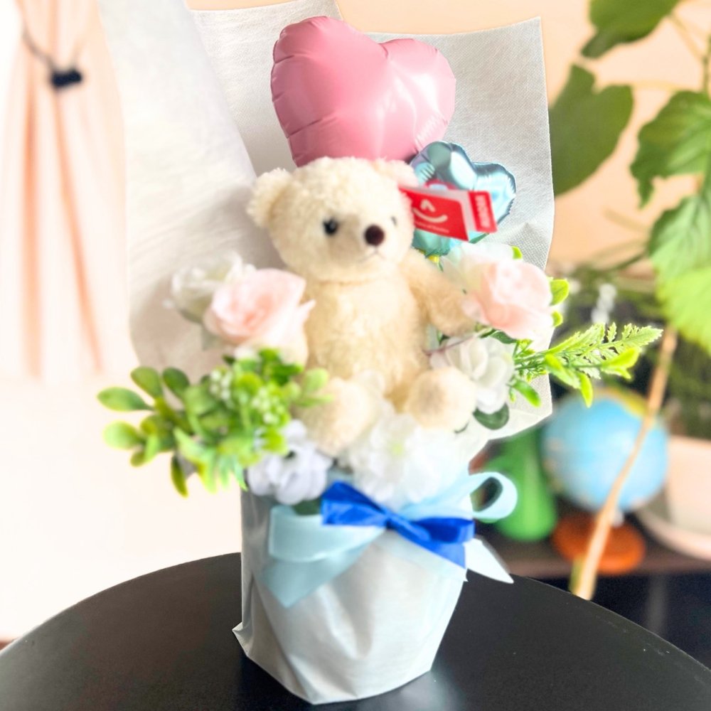 くま入り バルーンフラワーブーケ 花束 ハートバルーン ギフト 誕生日 プレゼント 発表会 卒業祝い 入学祝い 結婚祝い 記念日 女性 女友達 子供 お祝い ぬいぐるみ おしゃれ かわいい バルーンブーケ フラワーギフト ピンク ブルー ブラウン