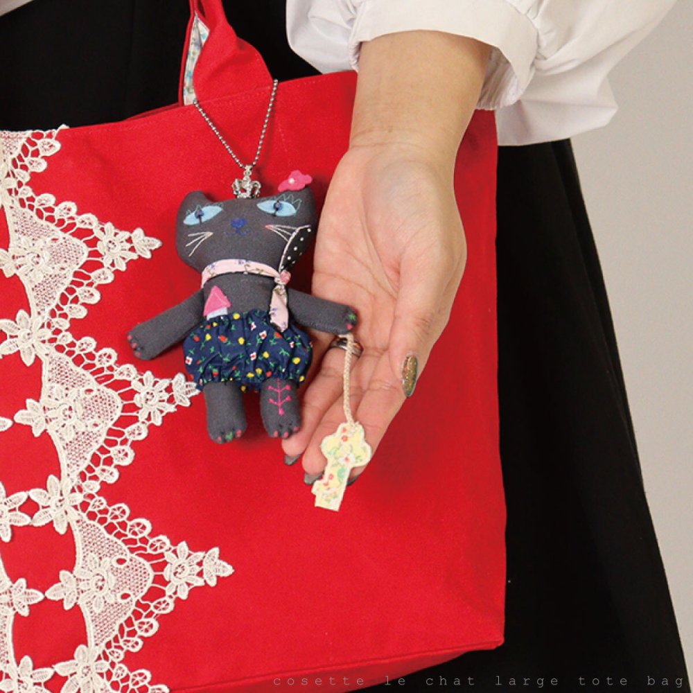 猫 バッグ トートバッグ 日本製 レディース レース 刺繍 チャーム付き かわいい 大人 可愛い 軽量 A4 黒 ネイビー 赤 サブバッグ 猫雑貨 ギフト【LALUICE】
