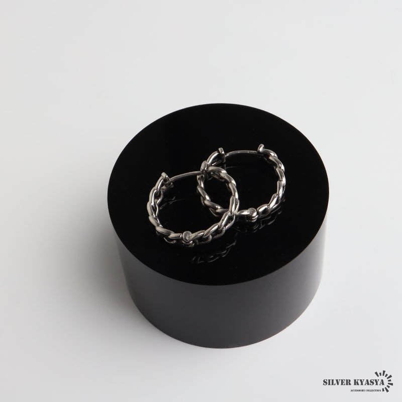 ステンレス 喜平チェーンピアス フープピアス 大きめ シルバー 燻し かっこいい 存在感 アンティーク プチプラ 両耳2点セット つけっぱなしok メンズ 男性 金属アレルギー対応 イヤリング