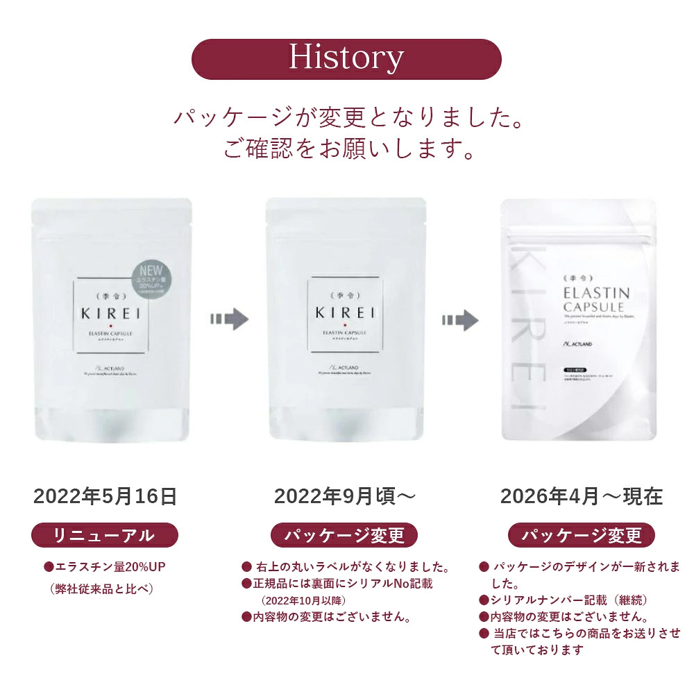 【パッケージリニューアル 2026年4月】季令（KIREI） エラスチンカプセル 100粒 高純度エラスチン 100％天然由来 コラーゲン エラスチン ヒアルロン酸 エイジングケア スキンケア キレイ 無着色 合成保存料・香料不使用 ACTLAND